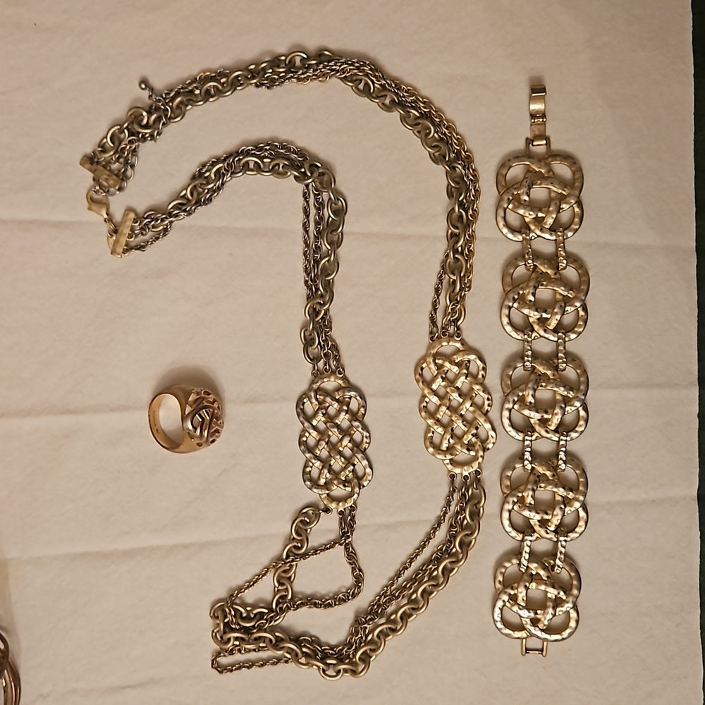 Lia Sophia brushed gold necklace, bracelet and ring set.